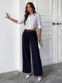 EURMUSE Calça feminina de perna larga com cinto e detalhes em cor sólida - Azul marinho - Ver 5