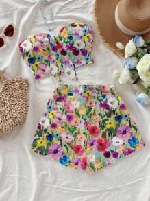 Soleia 多色花卉印花短款抹胸和短裤套装，采用柔软针织面料 花卉两件套 两件套 夏季两件套 女士 多色 多色花卉两件套 - 彩色 - 查看 4