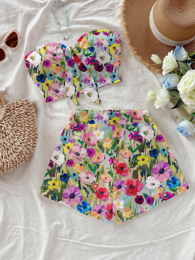 Soleia Multicolor Floral Print Micro Crop Bandeau And Shorts Set In Soft Knitted Fabric Floral 2 Pieces Set 2 Pieces Set Summer Two Pieces Set Women Multicolor Multicolor Floral Two Pieces Set - Multicolor - View 4