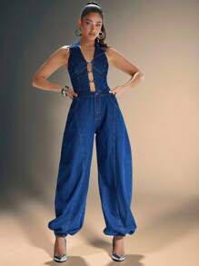 Denimoi 挂脖式 O 型环镂空灯笼腿牛仔连体裤 - 淺色水洗藍 - 查看 2