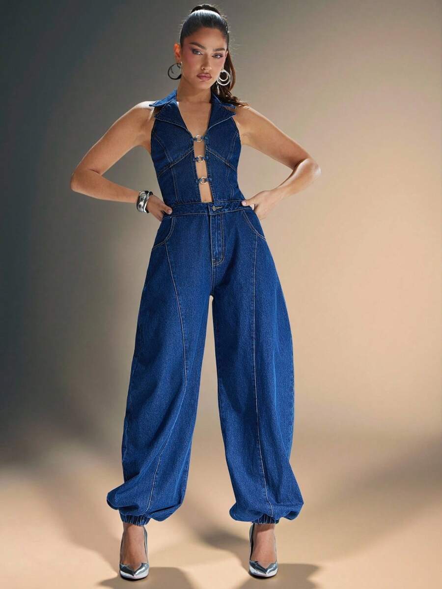 Denimoi 挂脖式 O 型环镂空灯笼腿牛仔连体裤