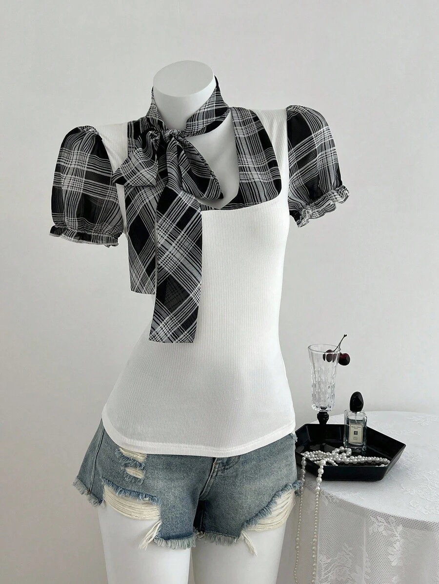 Elamini Plaid Lace-Up Patchwork Casual Fashionable Women T-Shirt - White - View 1