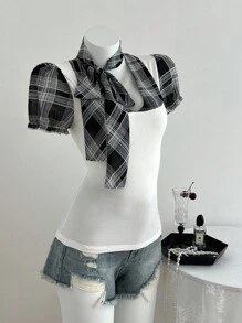 Elamini Plaid Lace-Up Patchwork Casual Fashionable Women T-Shirt - White - View 4