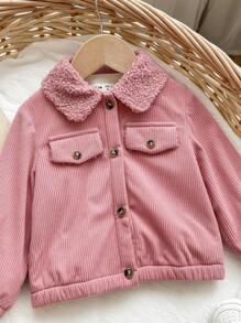 SHEIN Baby Girl Cute Thermal Lined Pink Collar Jacket, Versatile For Autumn/Winter Fall - Pink - View 5