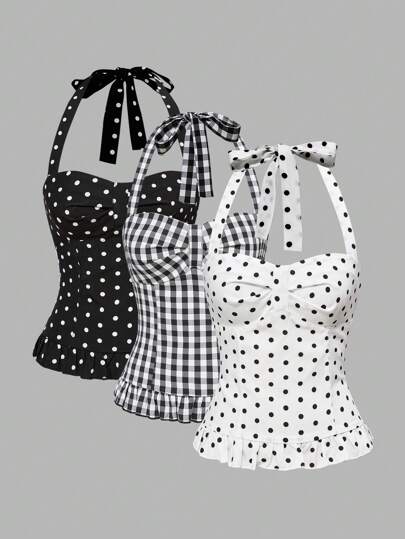 ROMWE Avant Damen Große Größen Schulanfang Französischer Polka Punkt Top & Karomuster Rückenfrei Trägertop Set