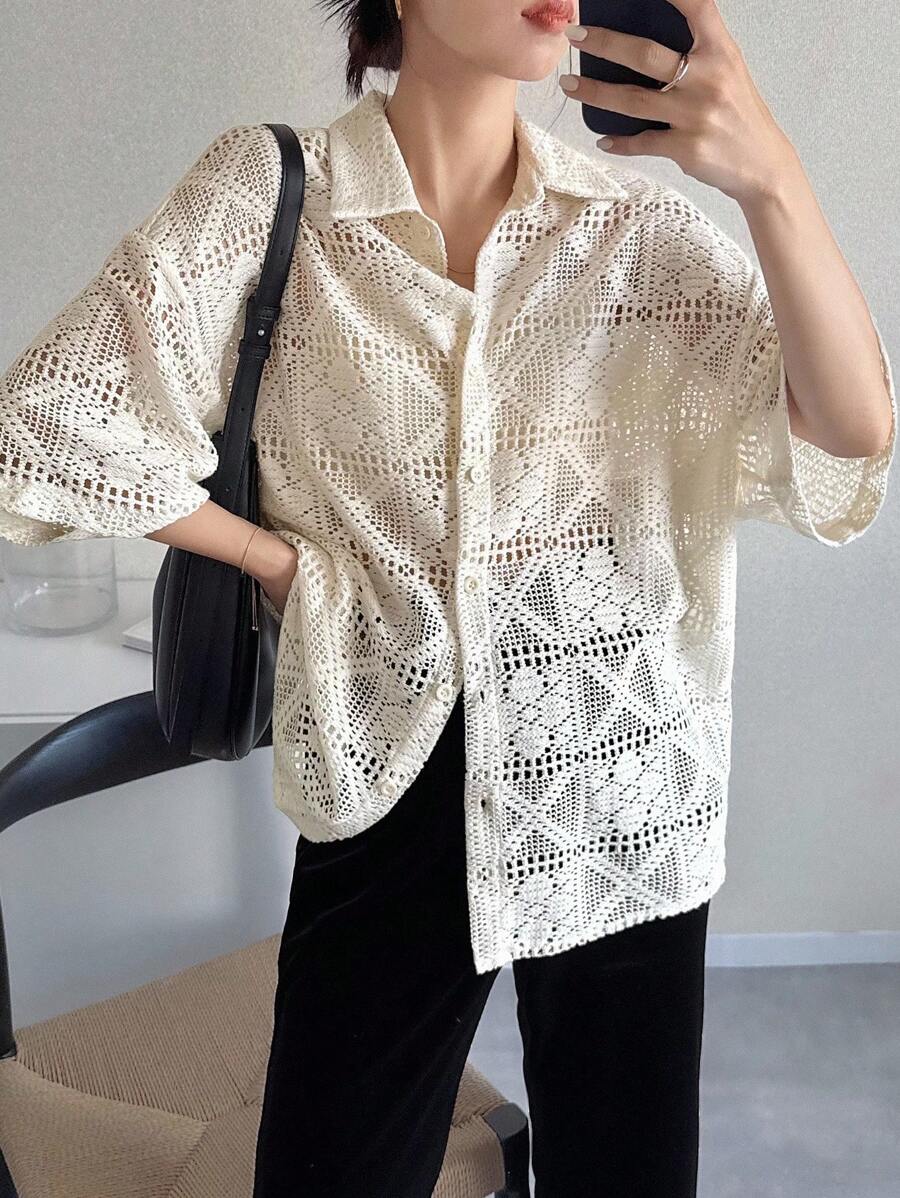 FRIFUL 女款寬鬆蕾絲上衣,鏤空蝙蝠袖,單排扣設計,夏季款 - 杏色 - 查看 1