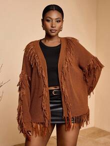 Veslaya 2025 Nuovo Cardigan in maglia marrone con frange, stile college/casual business/stile occidentale/abbigliamento da ufficio/casual da strada/vacanza in città/laurea/vacanza elegante/festa/Giorno dell'Indipendenza/moda di base per uso esterno e sociale, taglie comode per donne taglia forte, Autunno/Inverno - Castano - Visualizzare 1