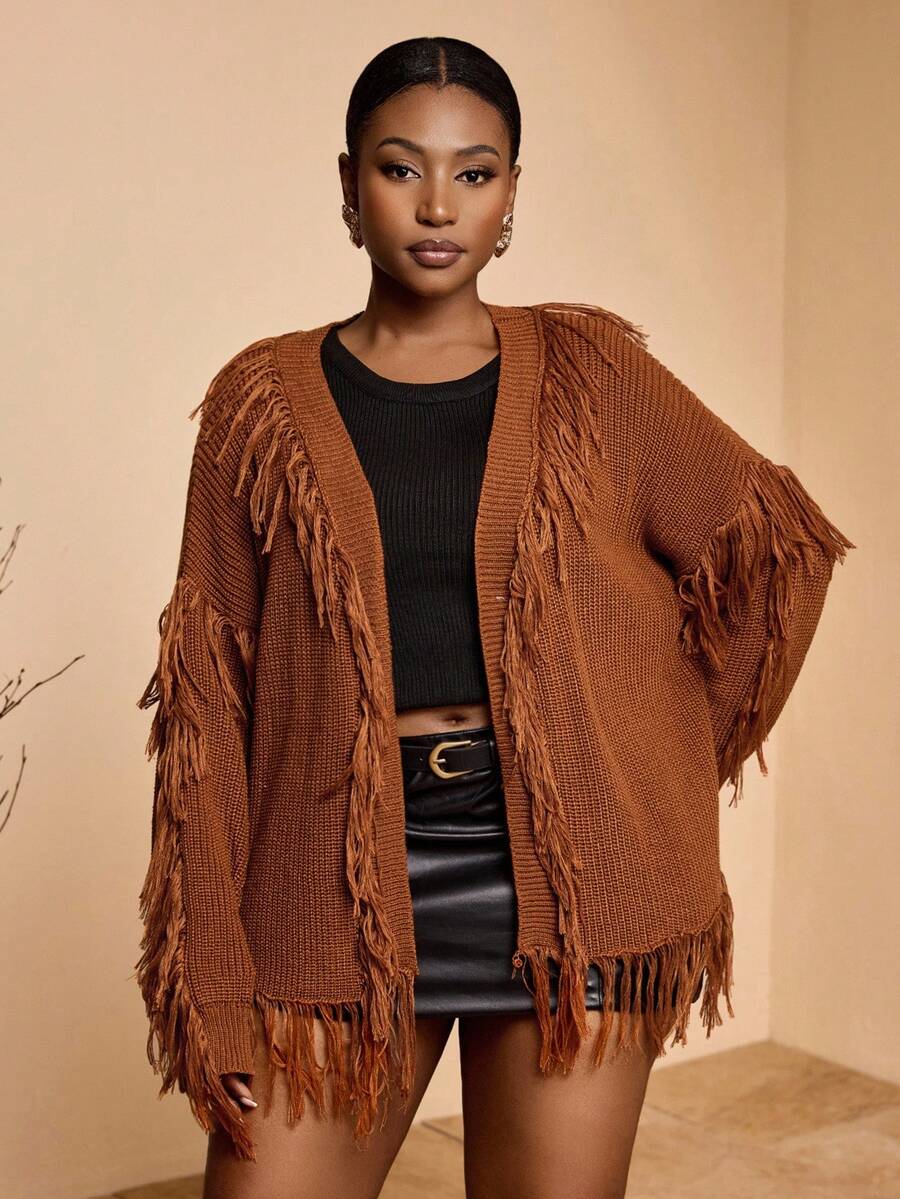 Veslaya 2025 Nuovo Cardigan in maglia marrone con frange, stile college/casual business/stile occidentale/abbigliamento da ufficio/casual da strada/vacanza in città/laurea/vacanza elegante/festa/Giorno dell'Indipendenza/moda di base per uso esterno e sociale, taglie comode per donne taglia forte, Autunno/Inverno - Castano - Visualizzare 1