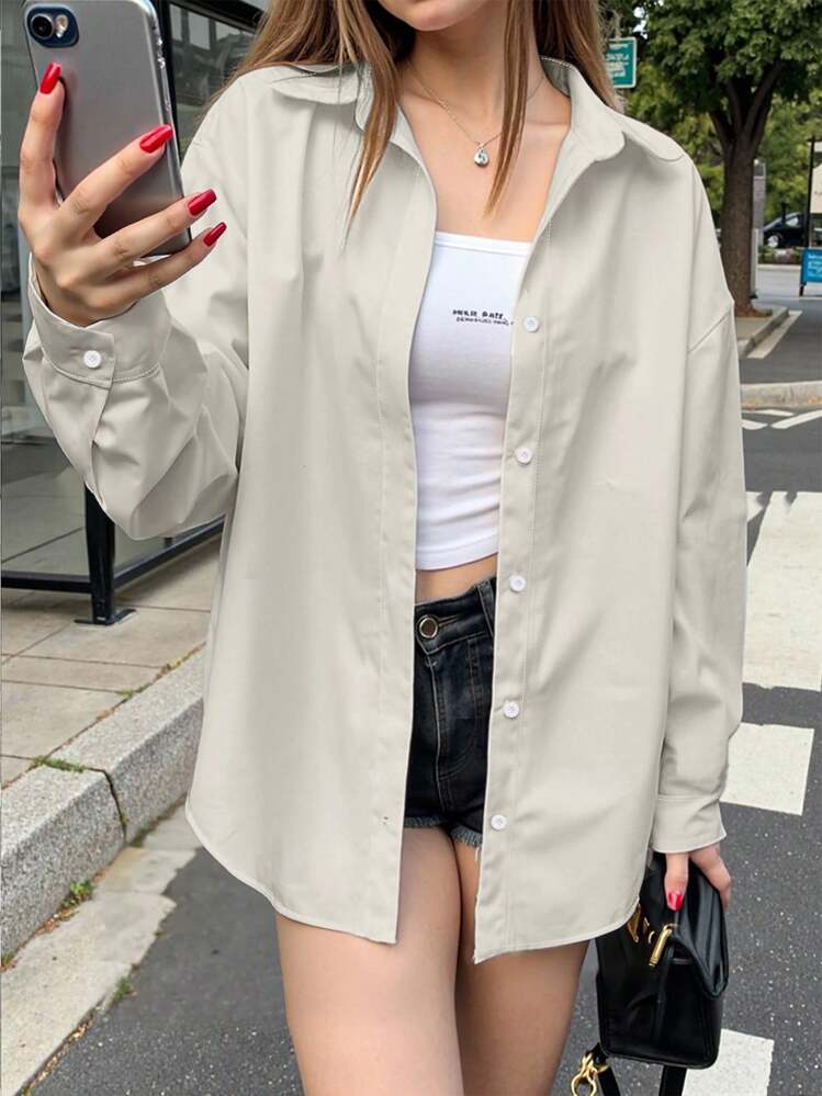 INAWLY Women's Casual Solid Color Loose Long Sleeve Shirt - Apricot - View 3