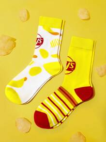 Lay's X SHEIN 2 双柔软透气吸湿排汗休闲女士中筒袜时尚薯片黄色中筒袜加固脚趾和脚跟，经久耐用男女通用四季百搭夏冬 - 彩色 - 查看 5