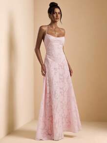 SHEIN BAE Váy maxi chữ A hở lưng màu trơn bó sát có dây mảnh dành cho nữ mùa xuân/hè, váy đi nghỉ, váy đi biển, váy dạ hội thanh lịch - Hồng - Xem 5