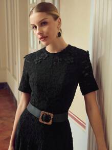 ZEYLAH Elegant High Collar 3D Floral Decor Short Sleeve Long Dress, Spring/Summer - Black - View 7