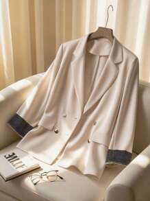 Franclia Women's Business/Casual Contrast Striped Cuff Sleeve Lapel Collar Double Breasted Open Front Blazer, Spring & Autumn Clothes For University - Apricot - View 7