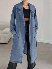 EURMUSE 100% Cotton Women's Lapel Belted Pocket Button Denim Jacket Coat - Light Wash - View 6