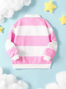 LE PETIT PRINCE X SHEIN Young Girl Cartoon Fox Print Pink & White Striped Cute Sweet Polo Collar Long Sleeve Sweatshirt - Pink - View 2