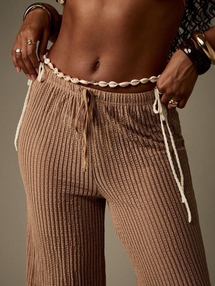 MISSGUIDED Wide Leg Beach Pants Bohemian Knitted Ribbed Resort Wear Summer Holiday Casual Tie Waist Poolside Festival Travel Loungewear