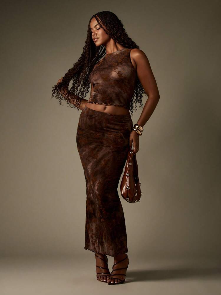 MISSGUIDED High Neck Crop Top And Maxi Skirt With Distressed Texture