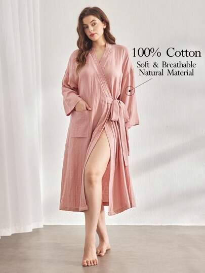 Ocili Leisure Plus Size Women Soft Cotton Double Layer Crinkle Fabric Tie Waist Robe, Fall