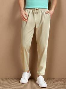 Manfinity VCAY Men Solid Drawstring Waist Trousers - Beige - View 4