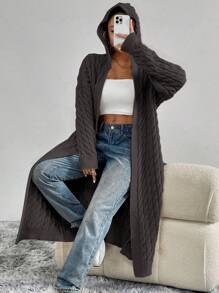 Flirla Women's Twist Cable Pattern Long Sleeve Hooded Long Cardigan, Fashionable & Versatile Fall Winter Cloth For Women - Grey - View 7