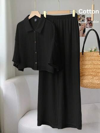 Comfortcana 女式黑色亚麻棉质休闲衬衫和裤子套装