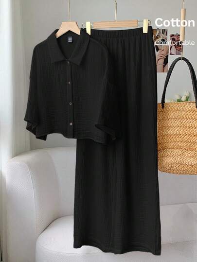 Comfortcana 女式黑色亚麻棉质休闲衬衫和裤子套装
