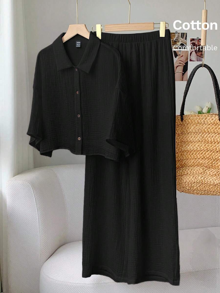 Comfortcana 女式黑色亚麻棉质休闲衬衫和裤子套装 - 黑色 - 查看 1