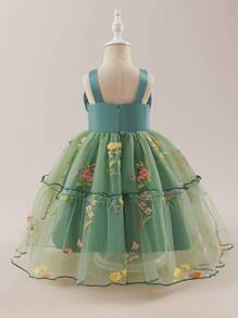 Glamorique Kids Baby Girls' Green Bow Design Mesh Embroidered Dress, Fluffy Skirt Cute & Sweet, Suitable For Birthday Party, Flower Girl, Various Occasions - Green - View 2