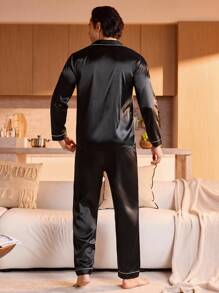 Manfinity Underwear&Sleepwear Basics Men's Lapel Collar Patchwork Pocket Contrast Piping Long Sleeve Shirt And Pants Pajama Set, Spring/Autumn, Fall Winter Clothes