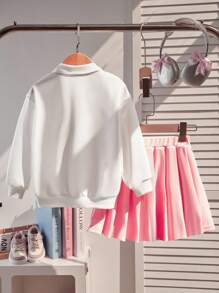 SHEIN Explorewe Girls Letter Print Long Sleeve Hooded Jacket And Solid Color Pleated Skirt 2-Piece Set - White - View 2