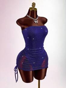 Amplova 性感透明闪光抽绳设计女士抹胸迷你连衣裙