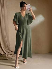 Elenzga Plus Size Women Summer Elegant Brown Tea Party Gym Vacation Wedding Guest Maxi Dress French Bohemian V-Neck Button Front A-Line Split Flared Sleeve - Army Green - View 7