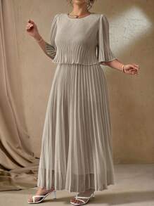 Roveilla Plus Size Elegant Ladies Solid Color Chiffon Pleated Dress, Suitable For Spring & Summer - Khaki - View 5