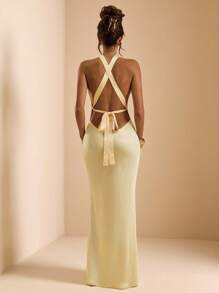 SHEIN BAE Solid Bright Yellow Satin Backless Halter Long Dress, Elegant Satin Dress, Bridesmaid Dress, Guest Dress For Wedding, Brunch Dress, Backless Dress, Spring/Summer - Yellow - View 3