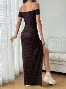 SHEIN EZwear 女士性感碎花露肩高开衩连衣裙，夏季 - 黑色 - 查看 2