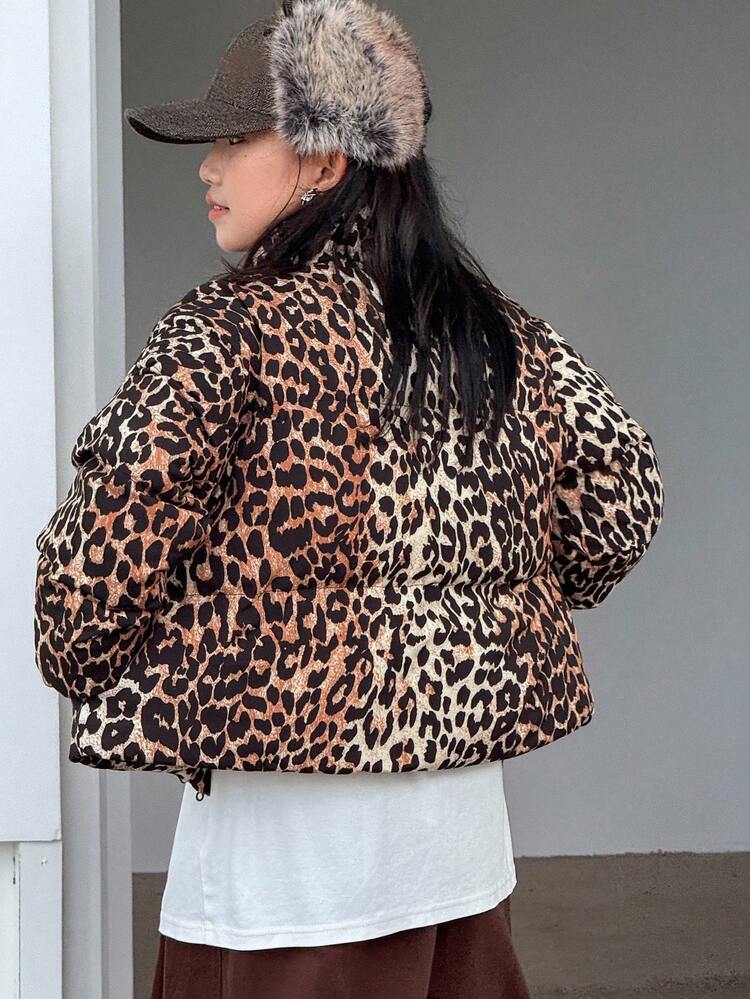Tween Girl Casual Fashionable Street Style Leopard Print Padded Coat, Winter