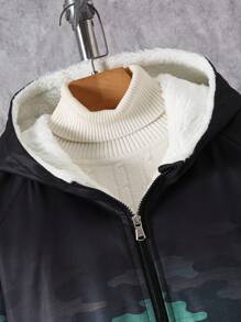 1pc Tween Boy Outdoor Casual Autumn/Winter Thermal Lined Cargo Jacket - Black - View 5