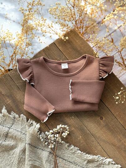 Emery Rose Kids Emery Rose Kids Young Girls' Solid Color Soft Knit Crew Neck Long Sleeve Pullover Top, Perfect For Casual, Daily Wear & School In Autumn & Winter Girls Ribbed Top Ruffle Sleeve Top Girls Brown Tops For Kids Girls Brown Top Ribbed Top Girls Brown Tops For Girls Brown Ribbed Top Fall