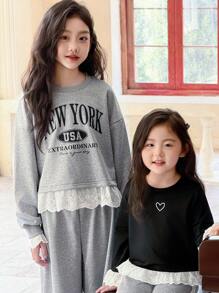 Genkimix Kids 2 件套女童休闲日常运动宽松插肩袖字母印花运动衫，带刺绣饰边和松紧腰阔腿运动裤，返校秋季服装 - 灰色 - 查看 3