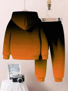 SHEIN 2 件套年轻男童宽松休闲舒适长袖连帽运动衫套装，适合秋冬季 - 彩色 - 查看 3