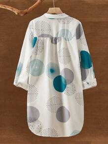 EMERY ROSE 女士休闲日常印花纽扣弧形下摆衬衫，随机花卉图案，春季休闲款 - 薄荷藍 - 查看 2