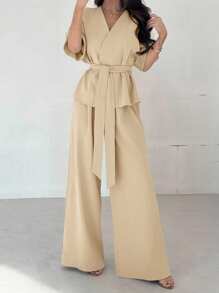 Firerie 女士优雅休闲度假通勤V领宽松收腰衬衫上衣搭配高腰阔腿裤2件套，适合春夏秋季休闲通勤套装宽松套装通勤优雅母亲节教师节工作装 - 卡其色 - 查看 7