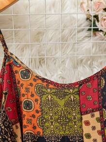 SHEIN LUNE Vestido con hebilla de madera y pliegues para mujer de talla grande, atuendos de primavera para mujer, atuendos de verano para mujer, ropa de verano, atuendo de Pascua para mujer, ropa occidental para mujer, atuendos de playa y vacaciones para mujer, atuendo de aeropuerto para mujer, estilo relajado y cómodo, estilo casual y relajado, estilo de vacaciones, ropa bohemia y boho de otoño para mujer, atuendo para concierto country, atuendos vintage de maestra para mujer, vestido de retazos, vestido bohemio, vestido de sol estampado - Multicolor - Ver 5