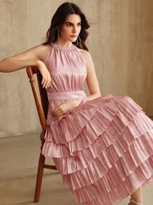 Anewsta Đầm yếm không tay màu hồng sen thanh lịch, phong cách Pháp cao cấp, thanh lịch giảm tuổi, đầm dài Ins dành cho nữ - Bụi hồng - Xem 7