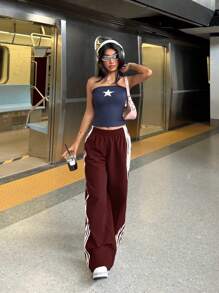 Muchica Women's Burgundy Elastic Waist Side Striped Wide Leg Loose Casual Pants