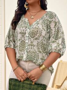 Nubod Plus Size Women's Satin Floral Print Notched Collar Blouse