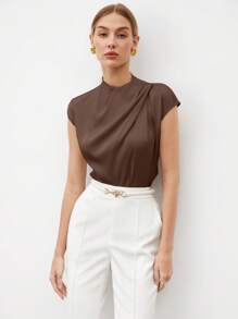 SHEIN BIZwear 女式简约纯色优雅褶皱衬衫，夏季 - 棕色 - 查看 3