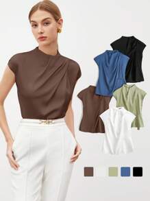 SHEIN BIZwear 女式简约纯色优雅褶皱衬衫，夏季 - 棕色 - 查看 9