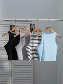 SHEIN EZwear 4pcs Women's Casual Black & White Striped Sexy Fitted Camisole Top, Summer Back To School