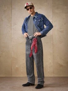 Manfinity Homme 男士灰色休闲宽松直筒牛仔裤，带口袋，四季皆宜 - 灰色 - 查看 2